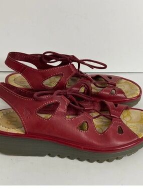 Fly London Red Leather Lace-Up Wedge platform Sandals sz 10.5
